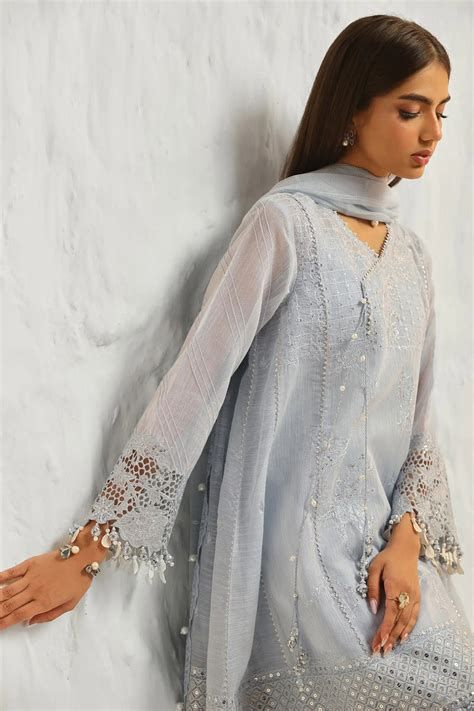 Ice Blue Net Embroidered Suit with Pearl Details