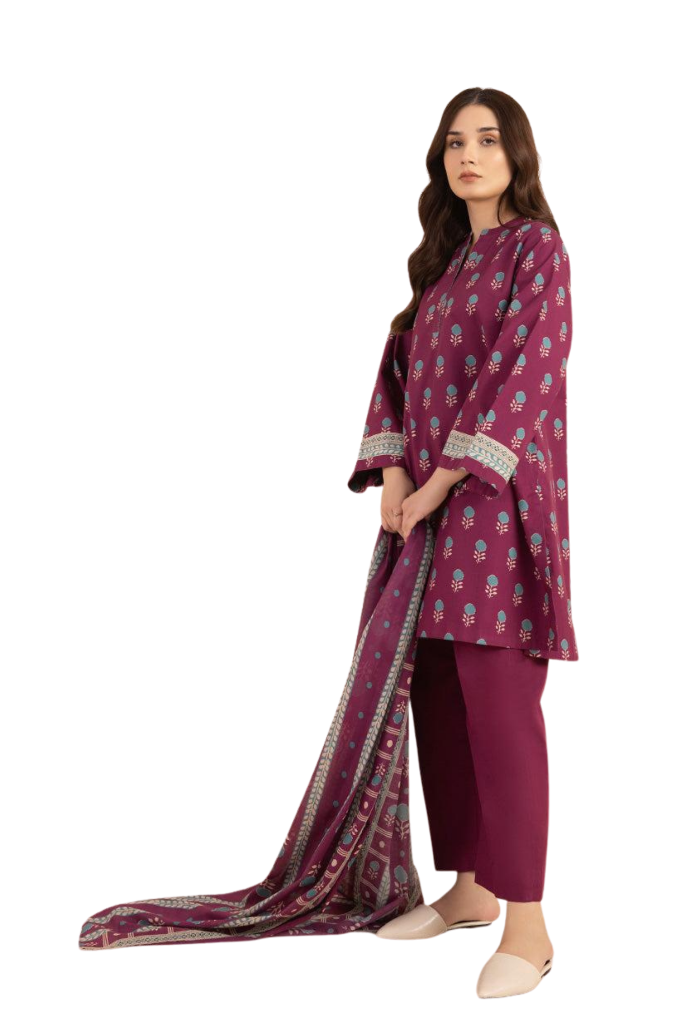 Plum Printed Cotton Suit with Matching Dupatta