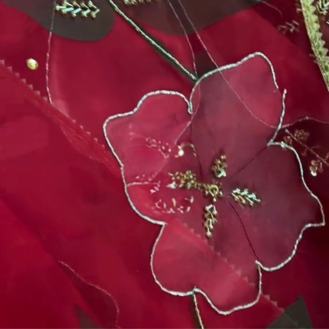Zarnish – Deep Red Rose Hand-Painted Dupatta