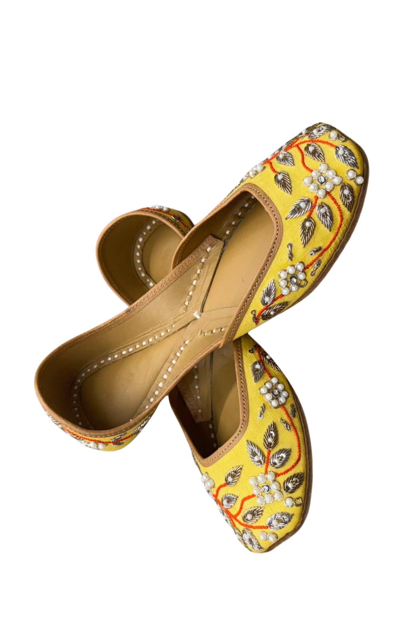 Handcrafted Yellow Embroidered Khussa with Pearl & Metallic Accents