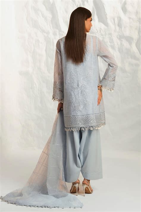 Ice Blue Net Embroidered Suit with Pearl Details