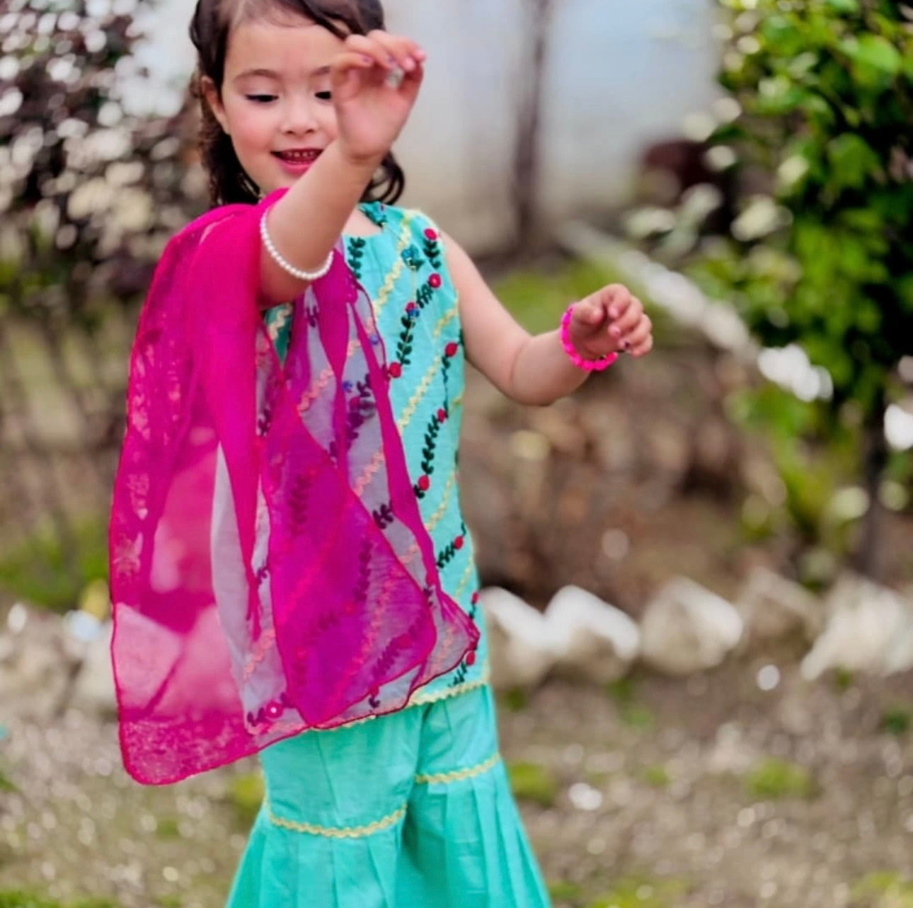 Aqua Green and Pink Sharara Set for Girls