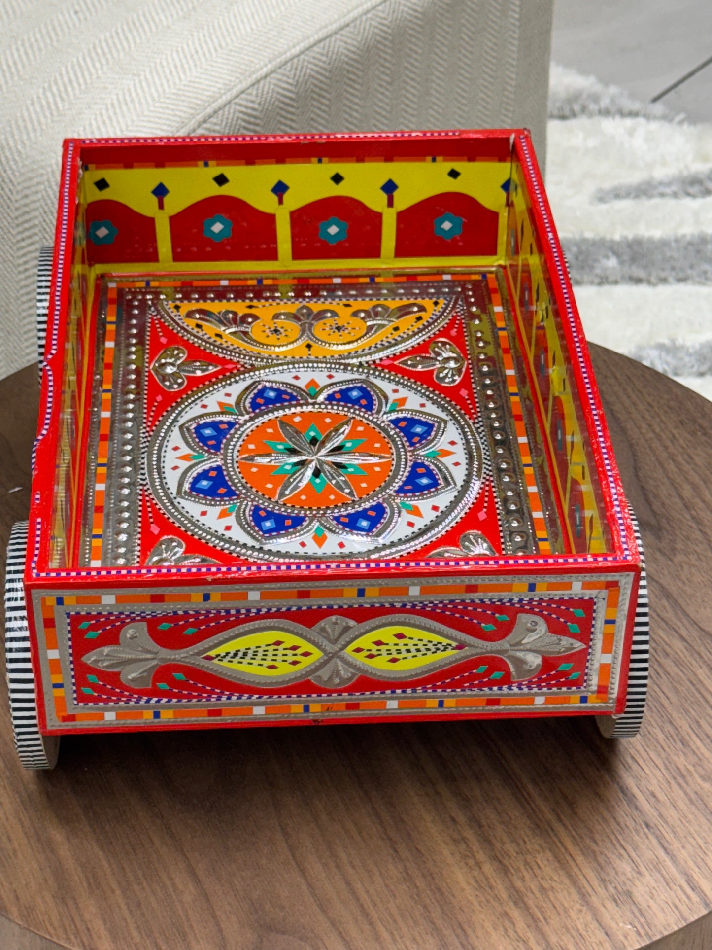 Hand-Painted Wooden Cart with Wheels (Red & Yellow)