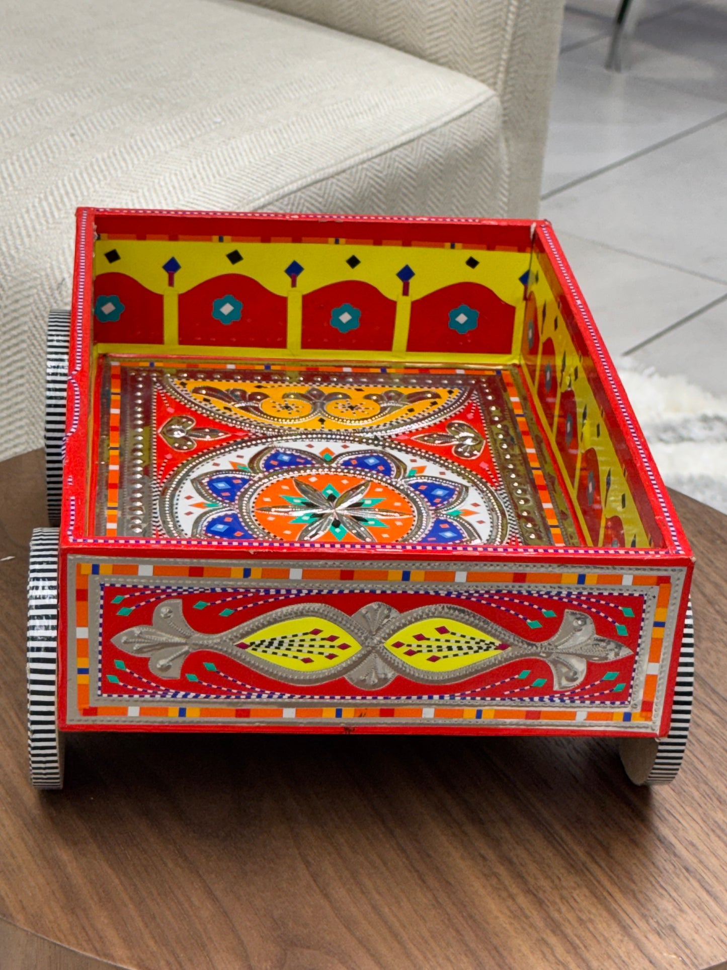 Hand-Painted Wooden Cart with Wheels (Red & Yellow)