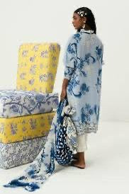 Blue Floral Lawn Suit with Chiffon Dupatta