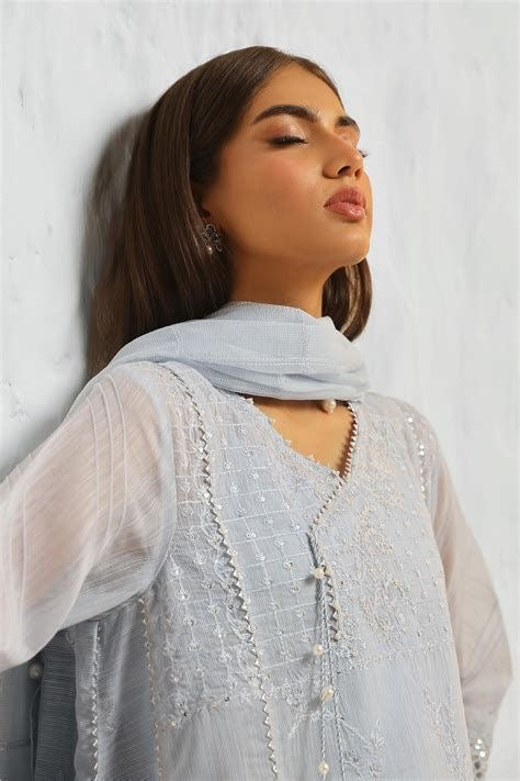 Ice Blue Net Embroidered Suit with Pearl Details