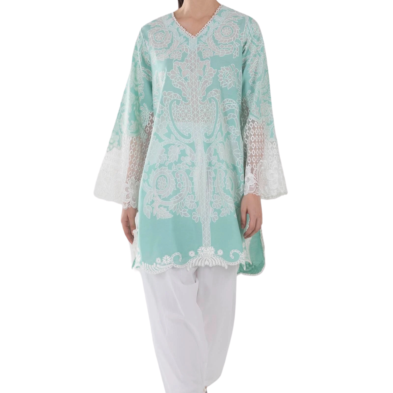Aqua Embroidered Kurta with Lace Detailing