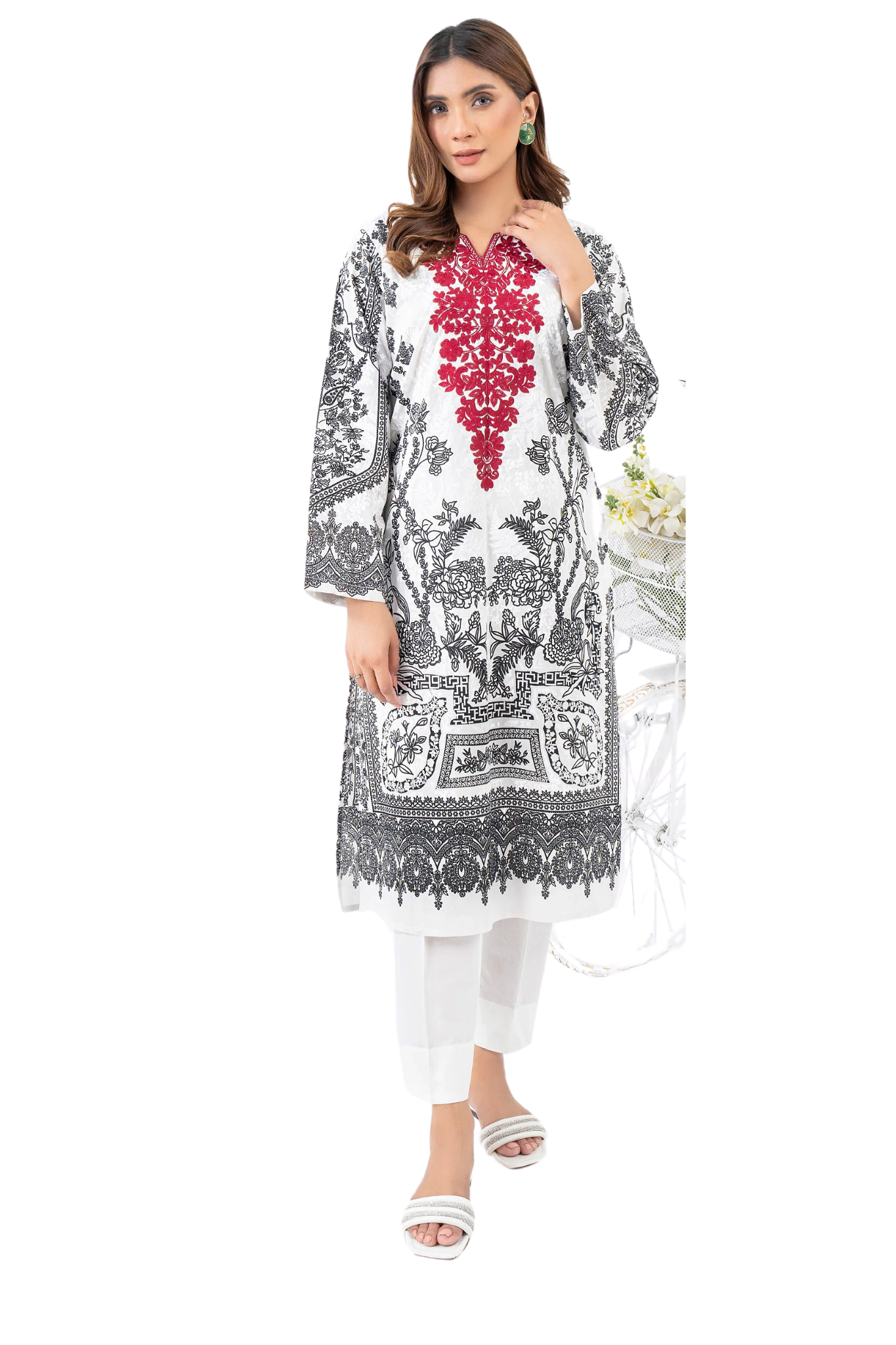 White & Black Printed Shirt with Red Embroidery