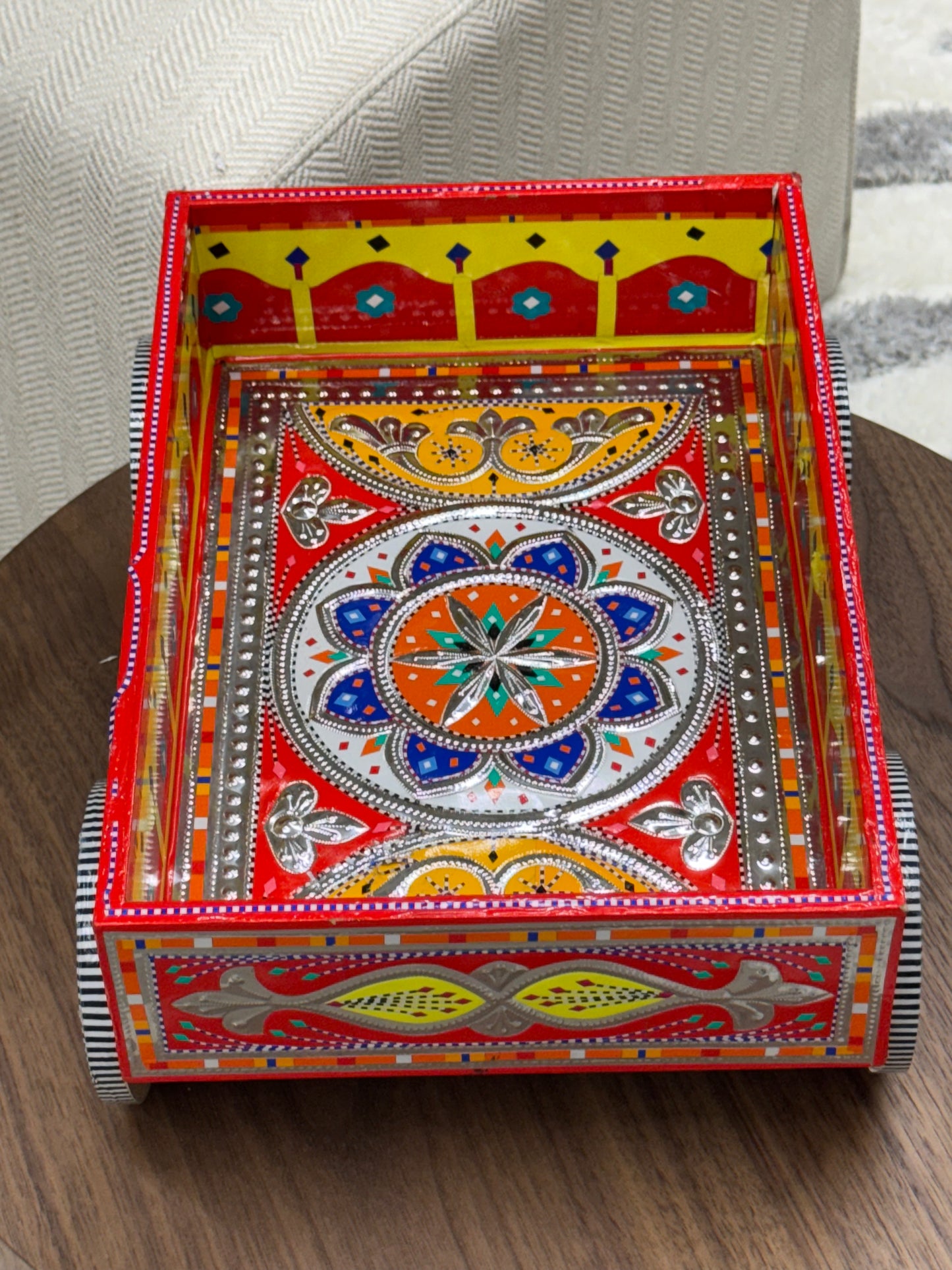 Hand-Painted Wooden Cart with Wheels (Red & Yellow)