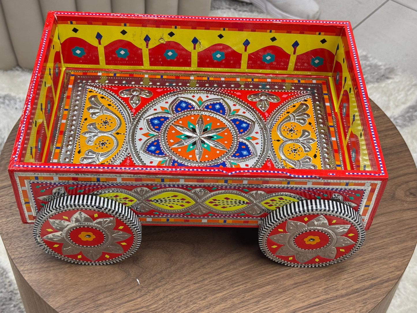 Hand-Painted Wooden Cart with Wheels (Red & Yellow)