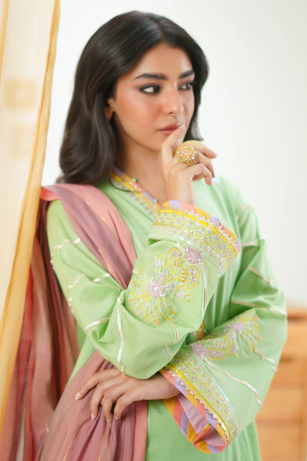 Lime Green Embroidered Lawn Suit with Contrasting Dupatta