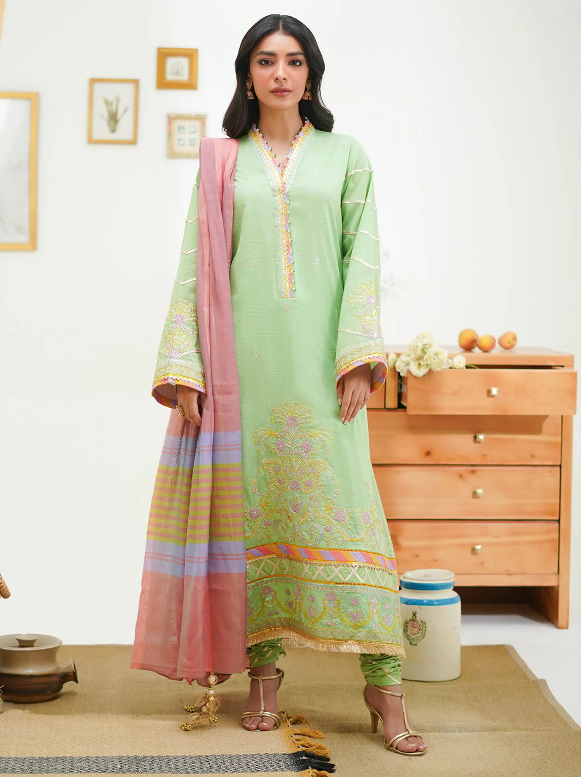 Lime Green Embroidered Lawn Suit with Contrasting Dupatta