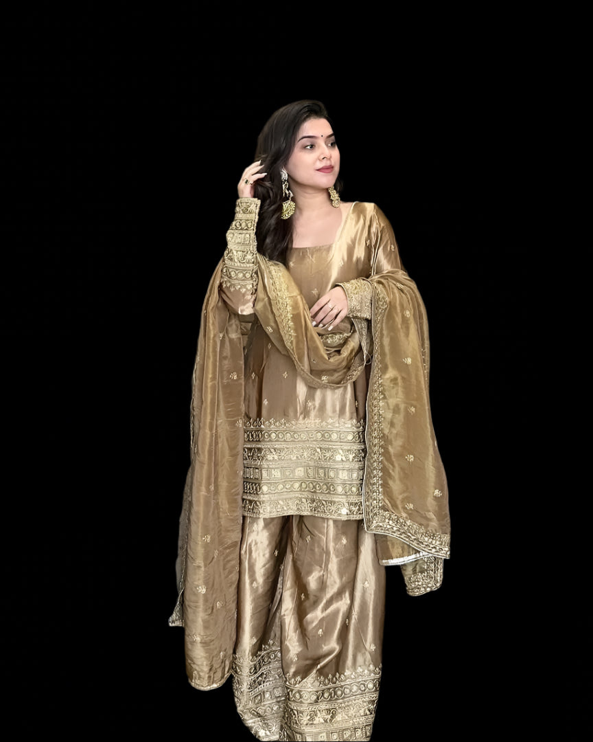 Gold Silk Embroidered Three-Piece Suit