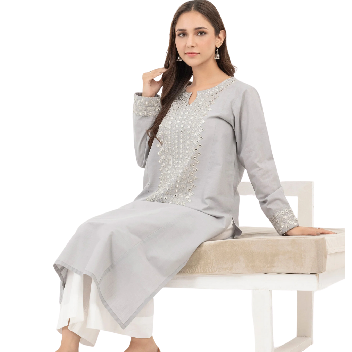 Grey Mirror Work Kurta with Minimalist Design