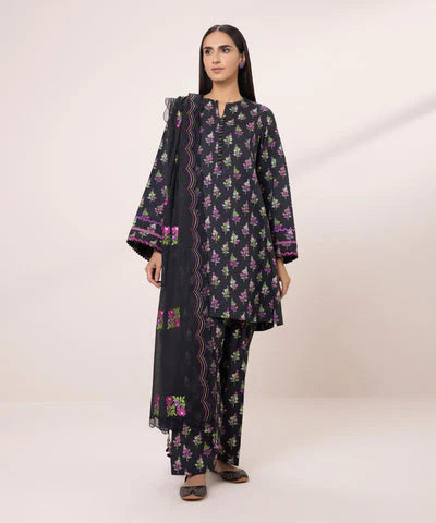 Black Printed Lawn Suit with Embroidered Dupatta