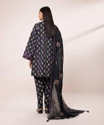 Black Printed Lawn Suit with Embroidered Dupatta