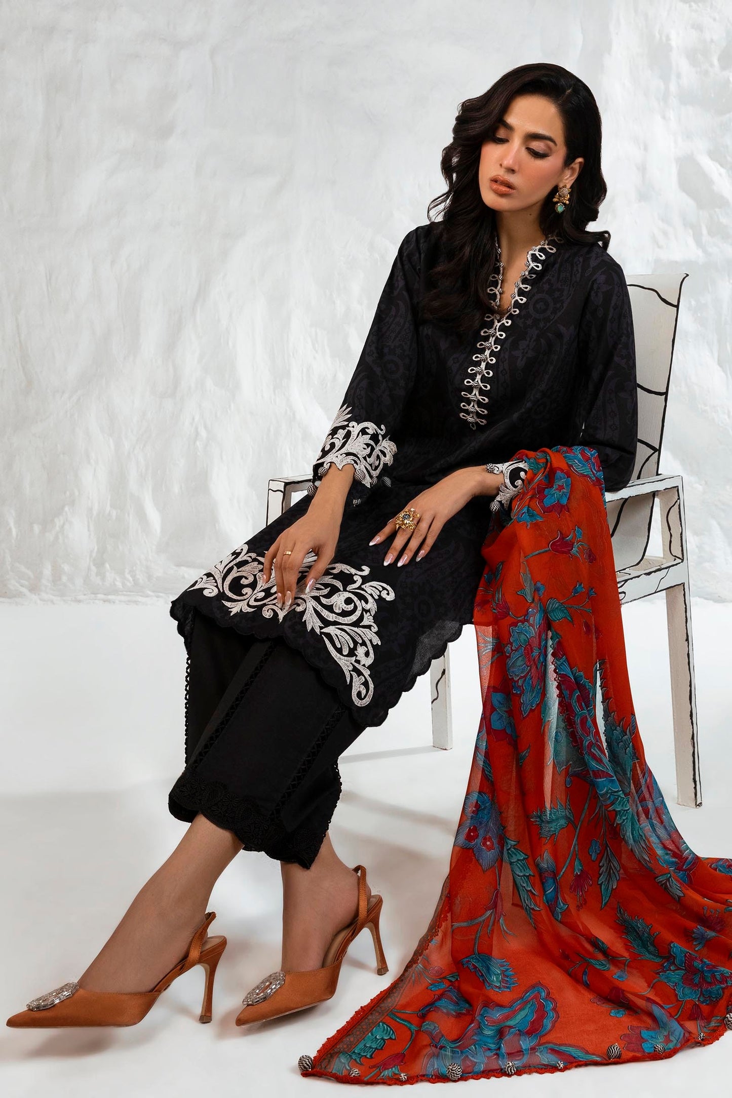 Black Embroidered Lawn Suit with Contrast Dupatta