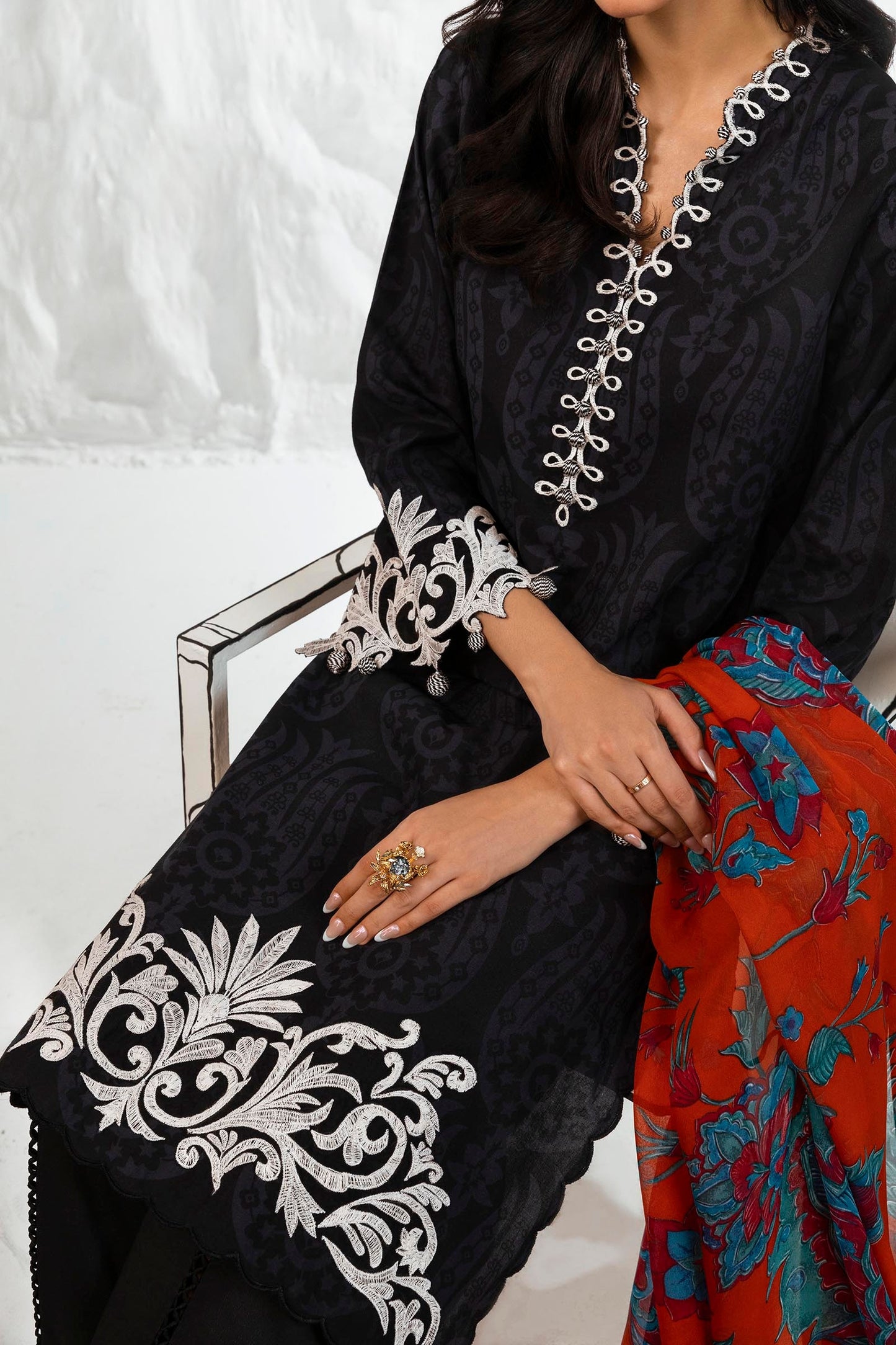 Black Embroidered Lawn Suit with Printed Dupatta