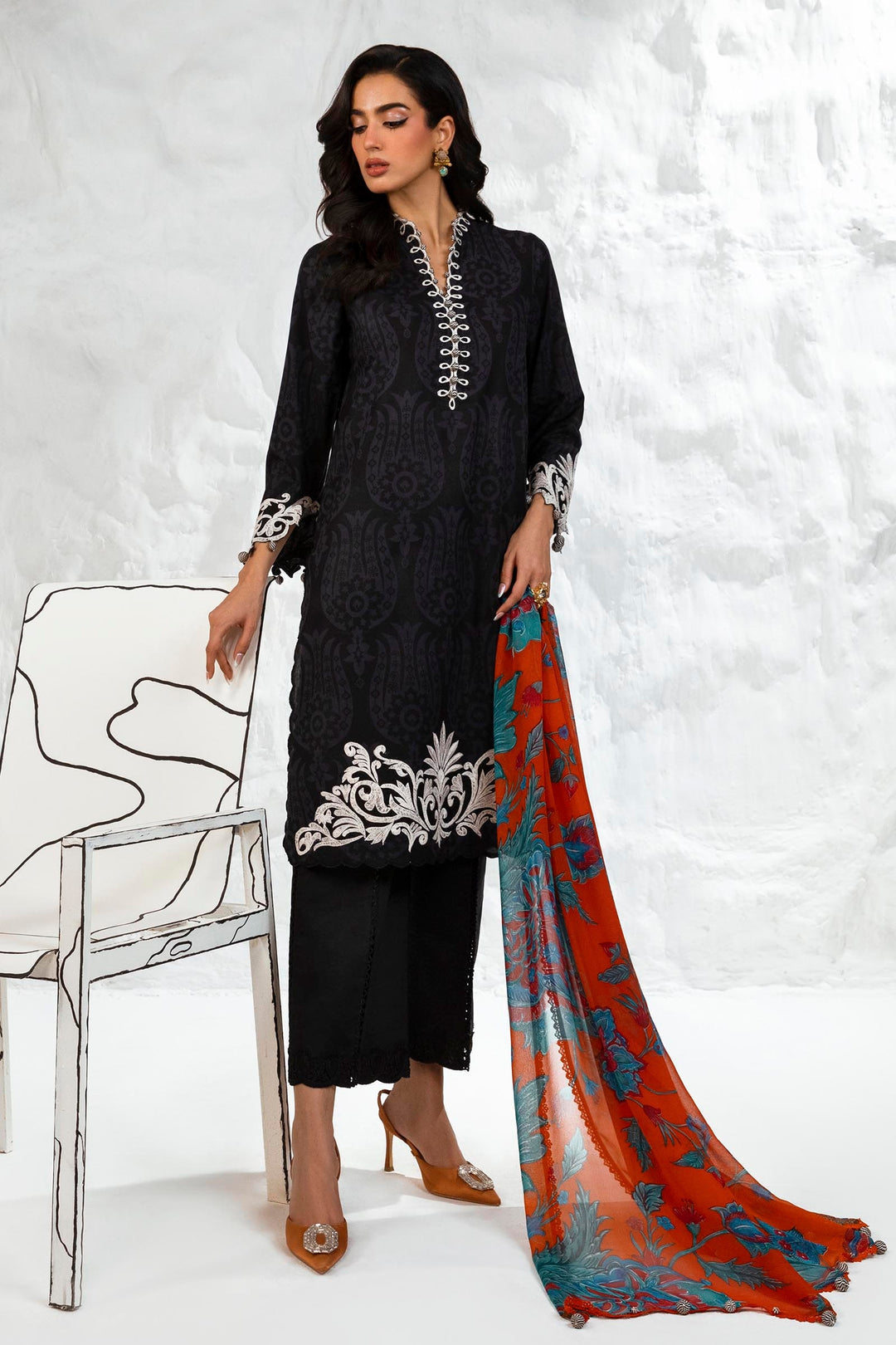 Black Embroidered Lawn Suit with Printed Dupatta