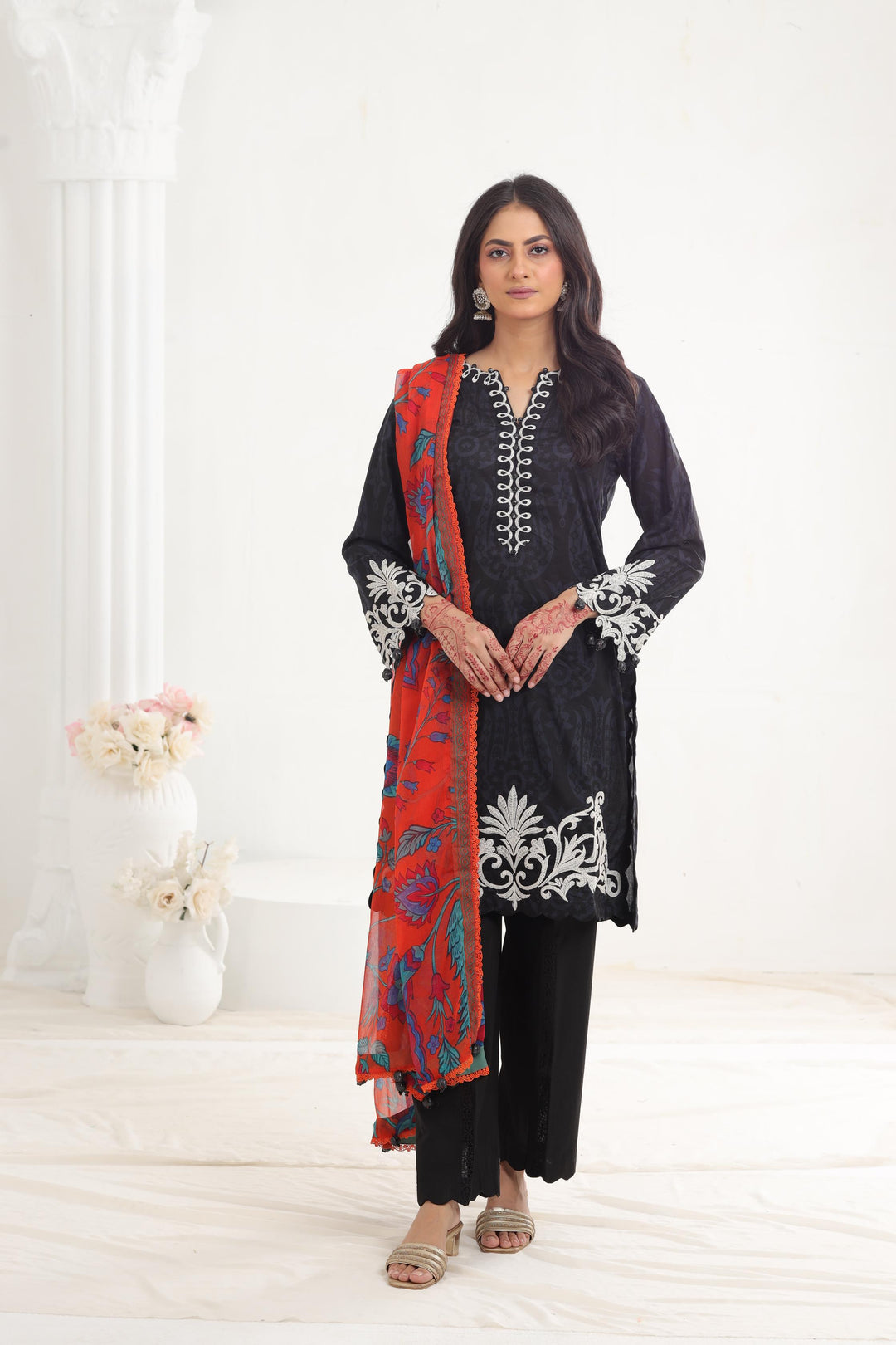 Black Embroidered Lawn Suit with Contrast Dupatta