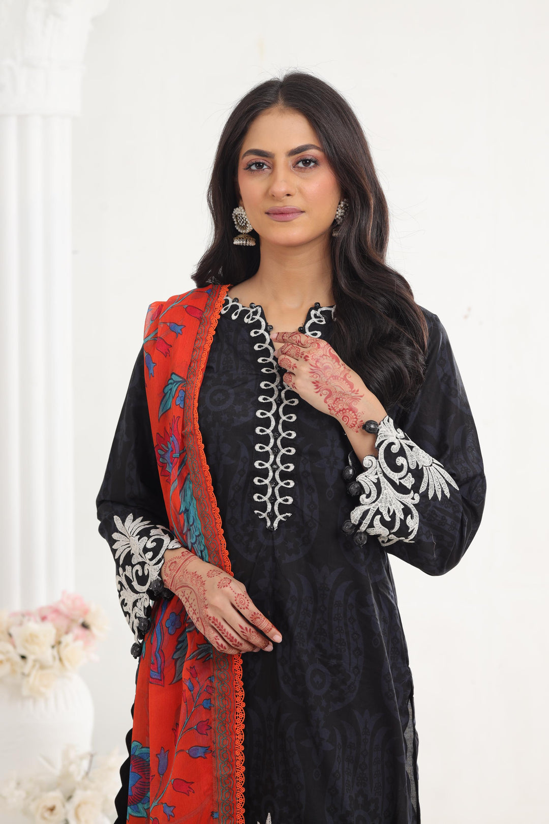 Black Embroidered Lawn Suit with Contrast Dupatta