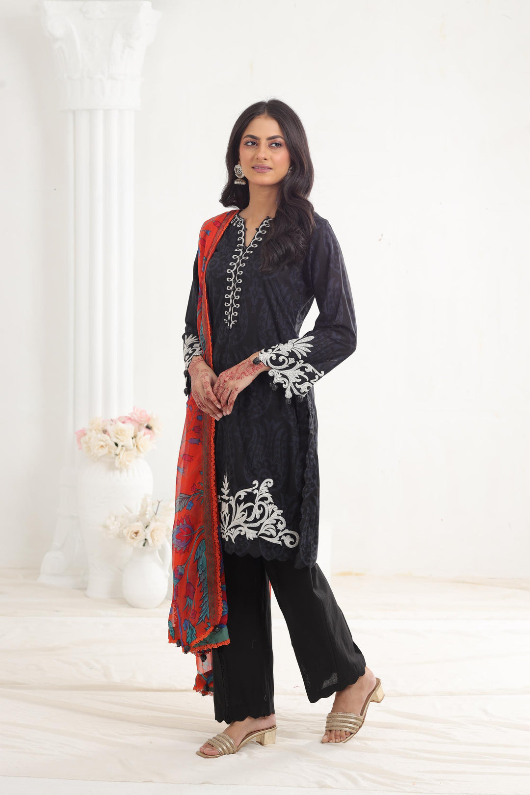 Black Embroidered Lawn Suit with Contrast Dupatta