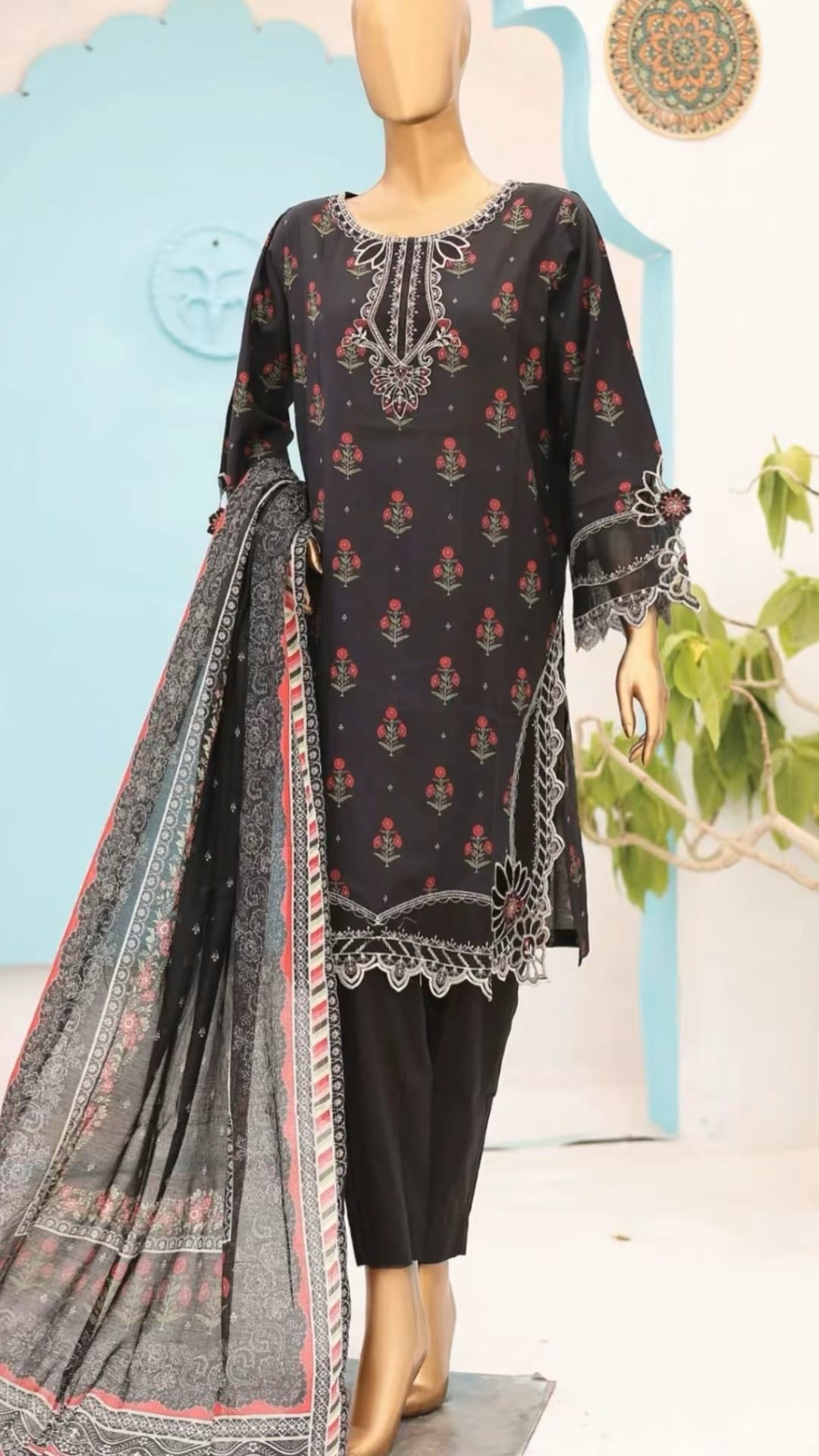 Black Floral Embroidered Lawn Suit with Dupatta