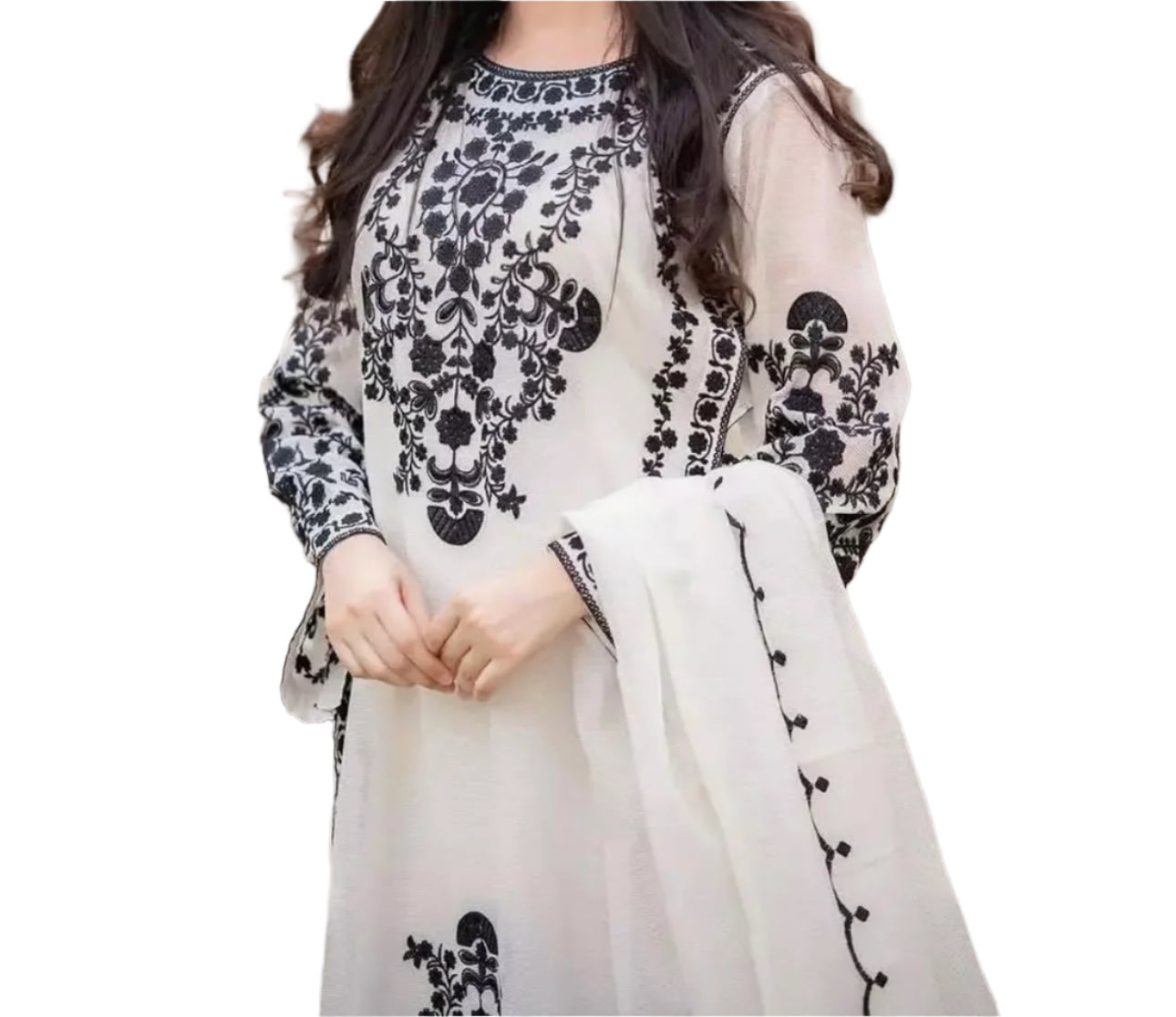 White & Black Embroidered Suit