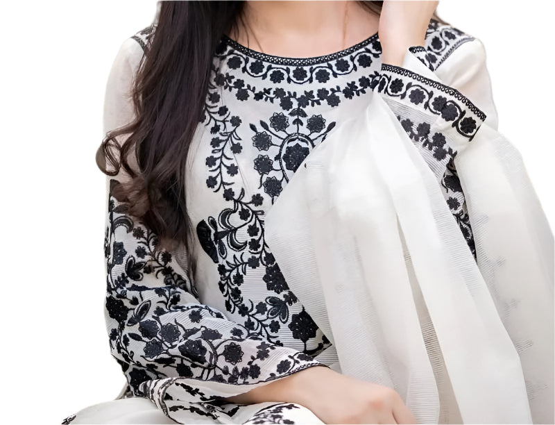 White & Black Embroidered Suit