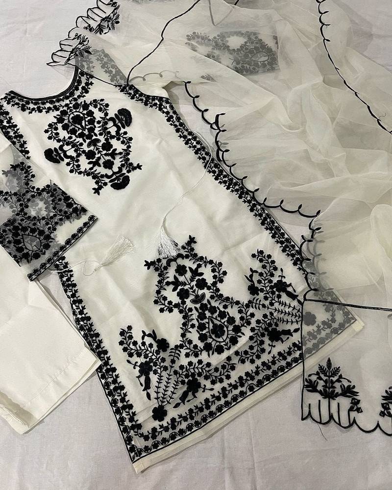 White & Black Embroidered Suit