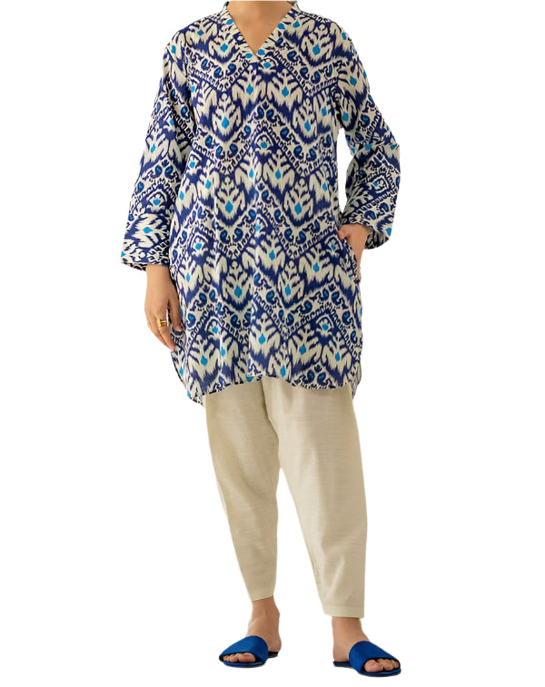Blue and White Ikat Printed Kurta with Cream Pants