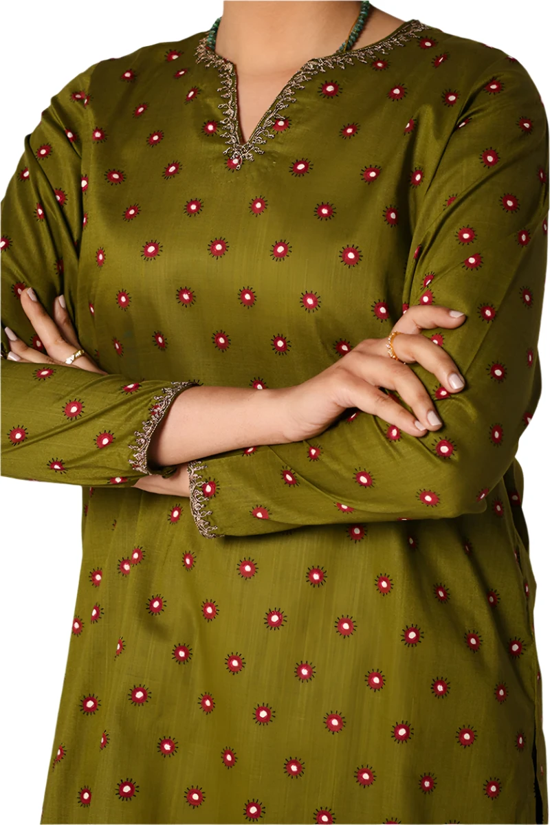 Olive Green Mirror Work Kurta with Flared Ajrak Pants