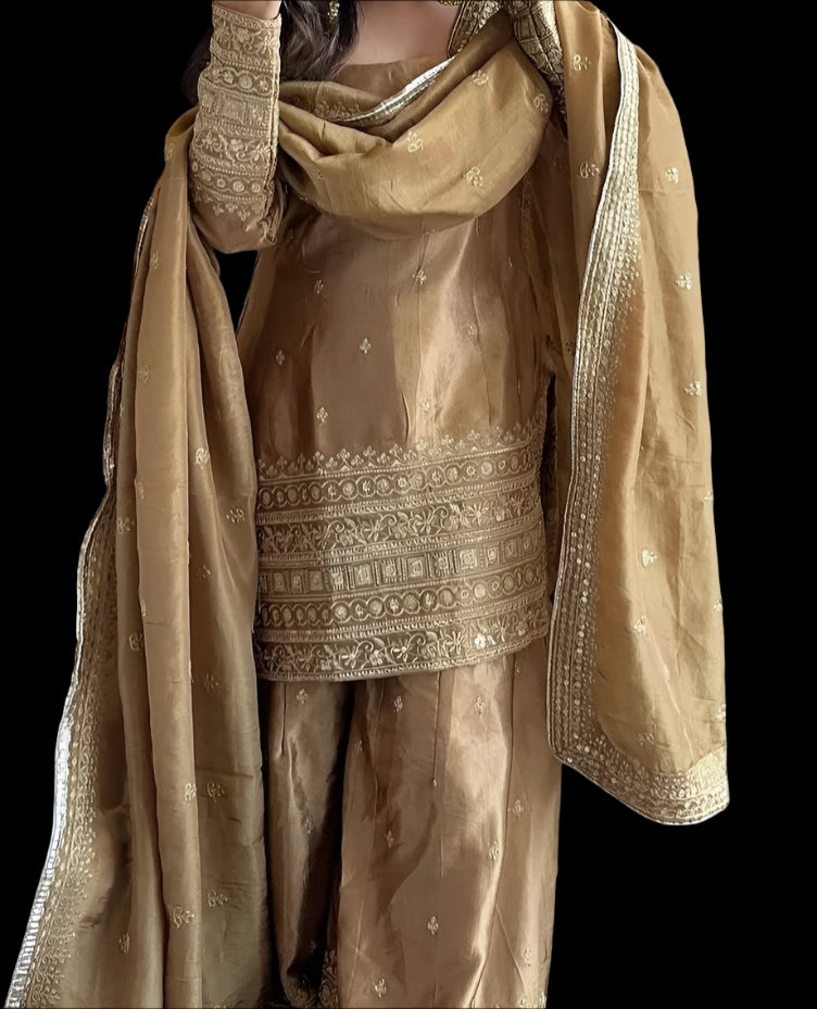 Gold Silk Embroidered Three-Piece Suit