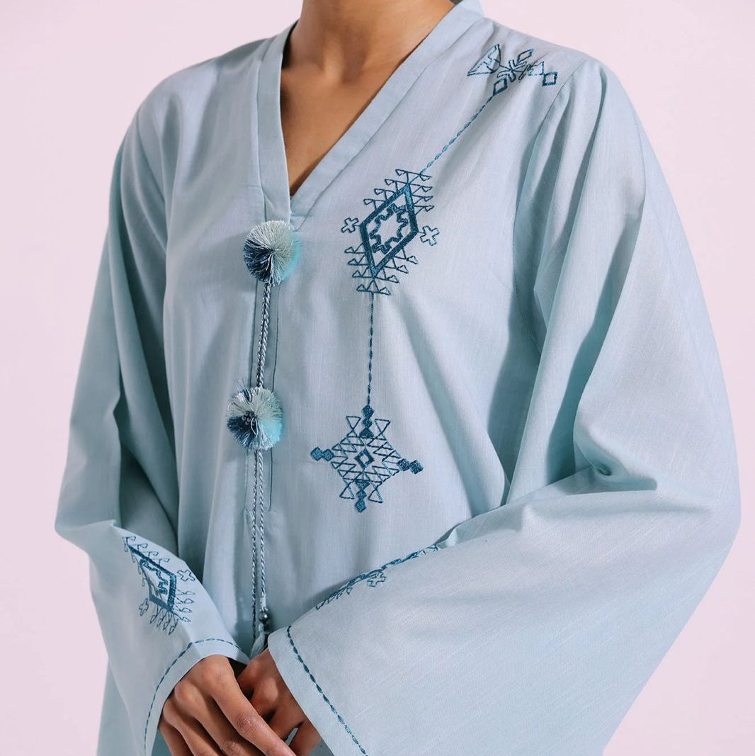 Light Blue Embroidered Kurta with Pom-Pom Detailing
