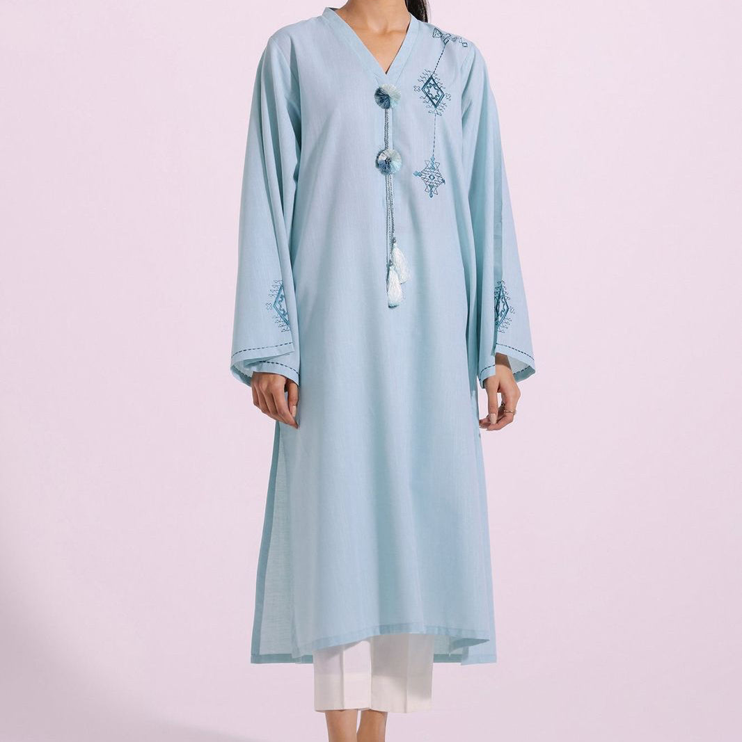 Light Blue Embroidered Kurta with Pom-Pom Detailing