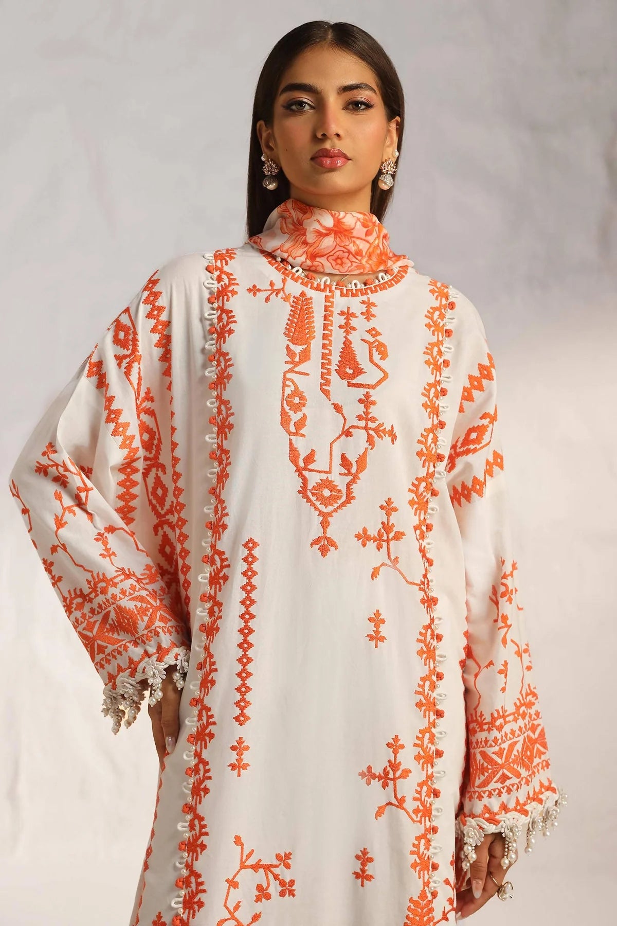 Off-White & Orange Printed Lawn Suit with Dupatta