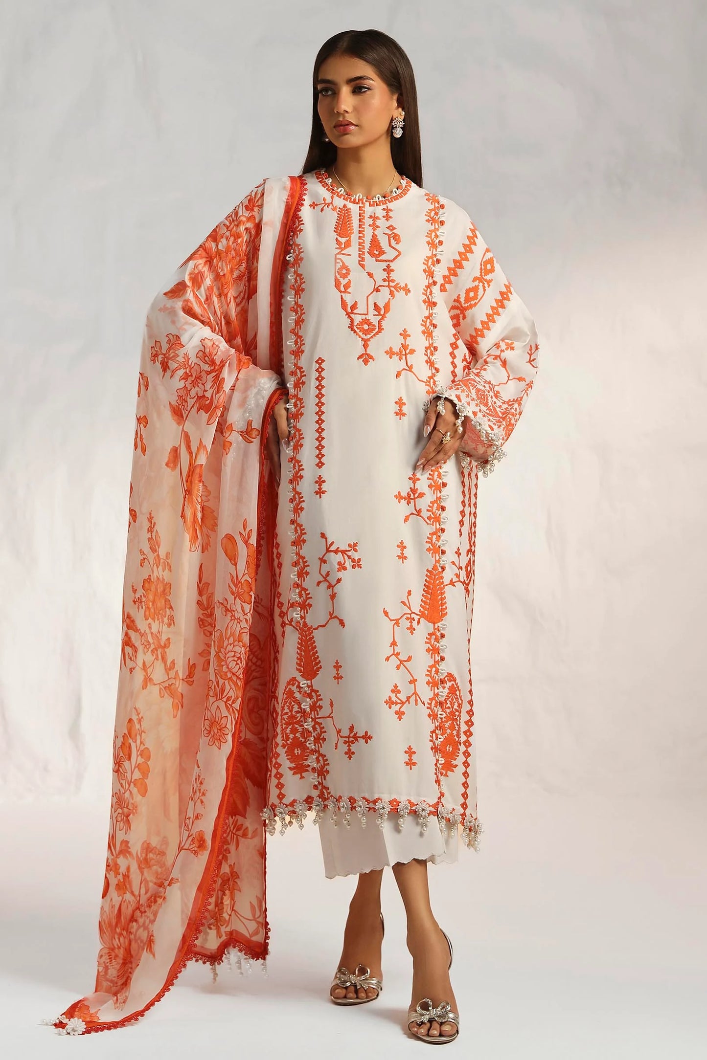 Off-White & Orange Printed Lawn Suit with Dupatta