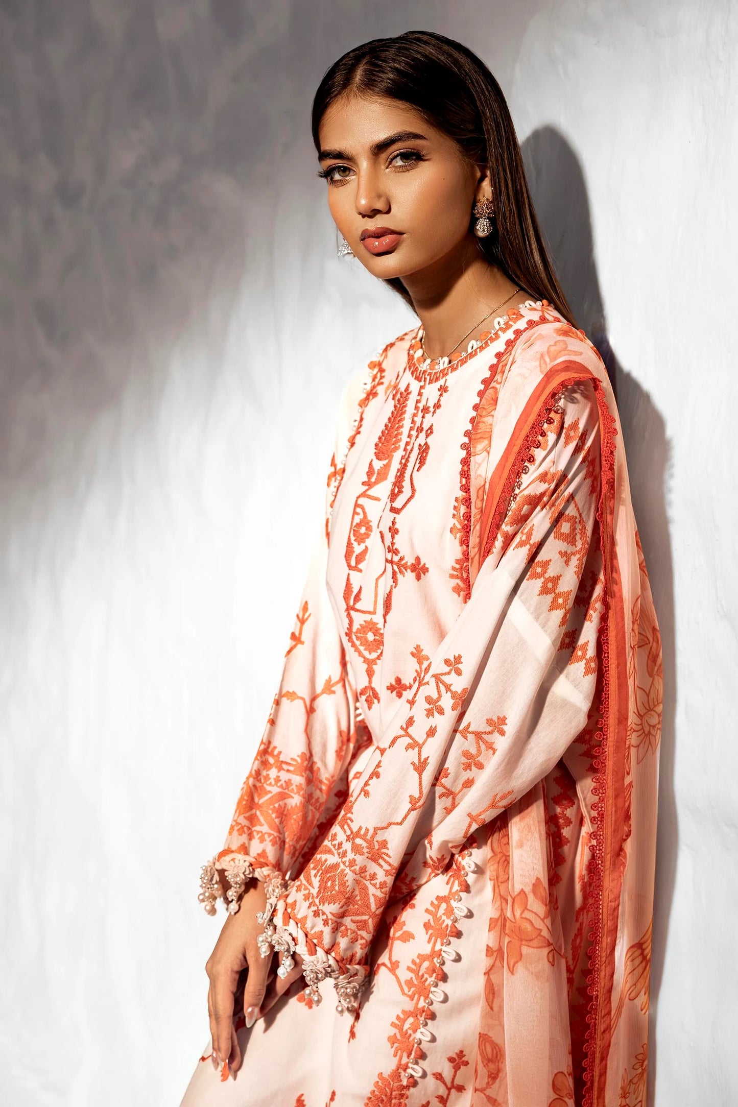 Off-White & Orange Printed Lawn Suit with Dupatta