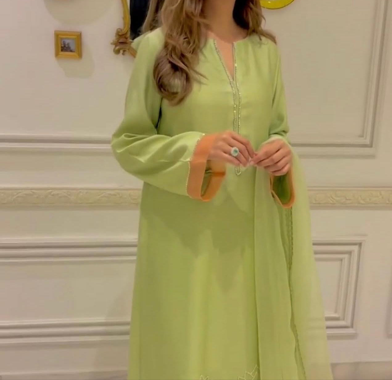 Pastel Green Silk Ensemble with Peach Accents
