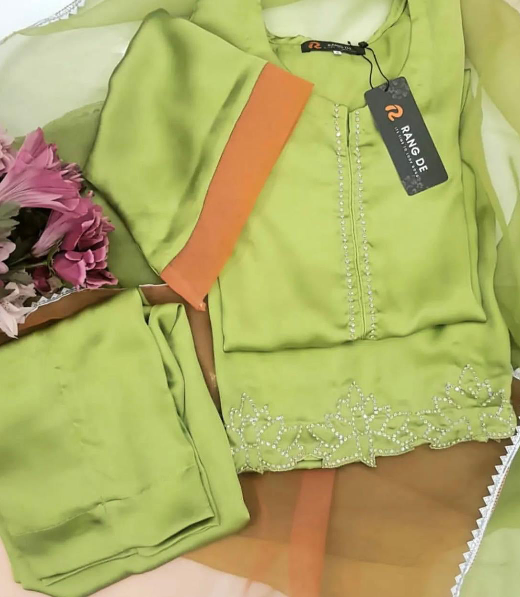 Pastel Green Silk Ensemble with Peach Accents