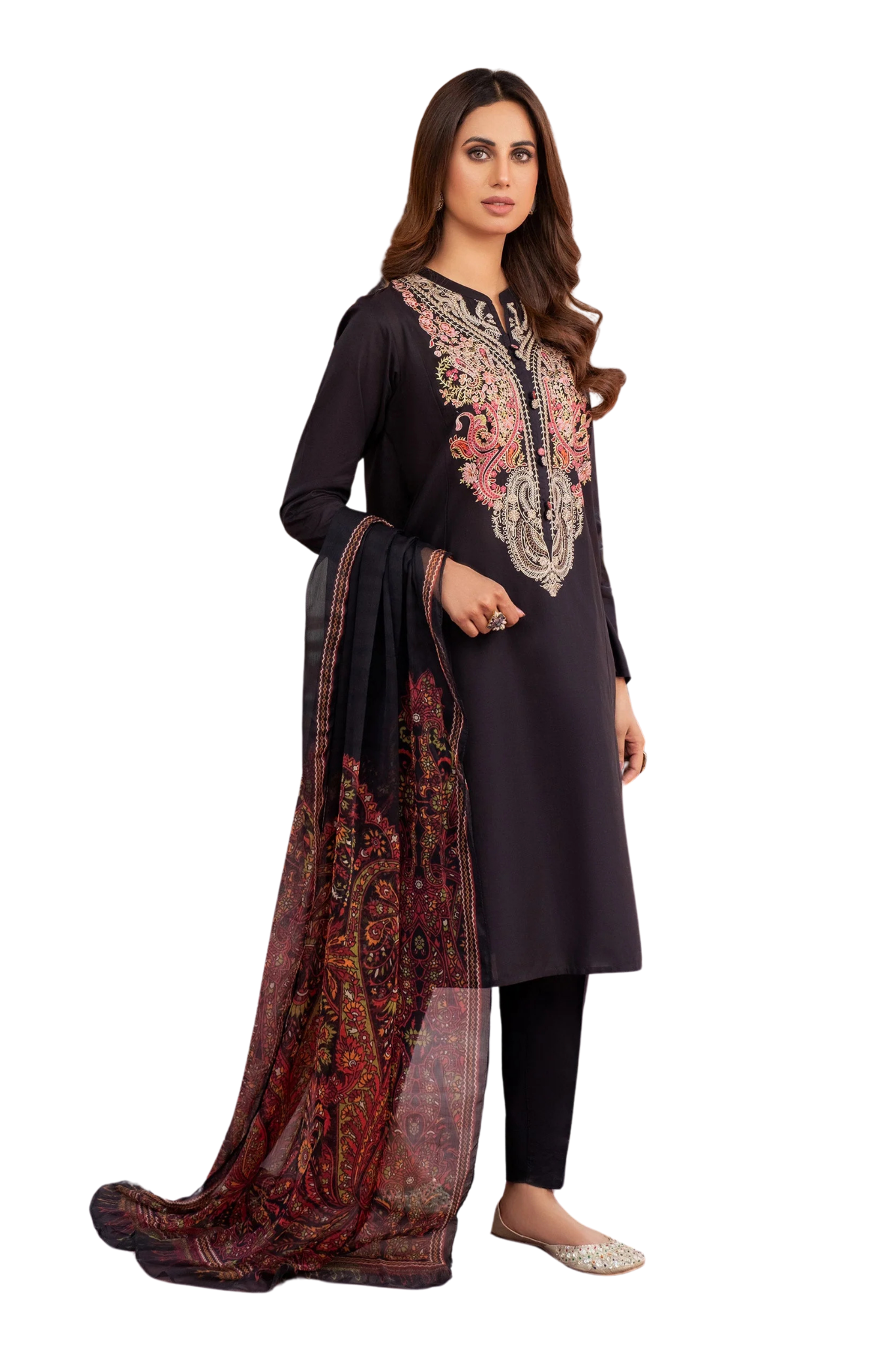 Black Embroidered Suit with Printed Dupatta