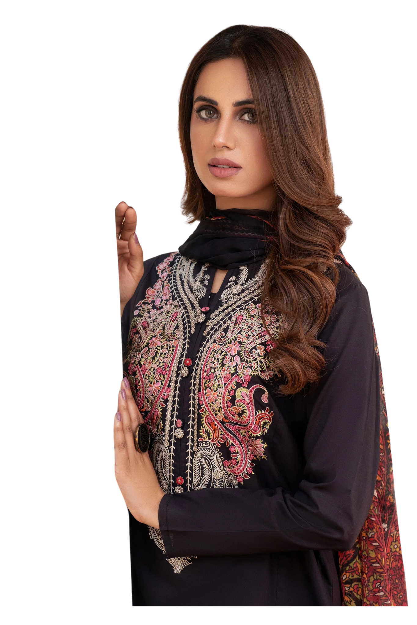 Black Embroidered Suit with Printed Dupatta