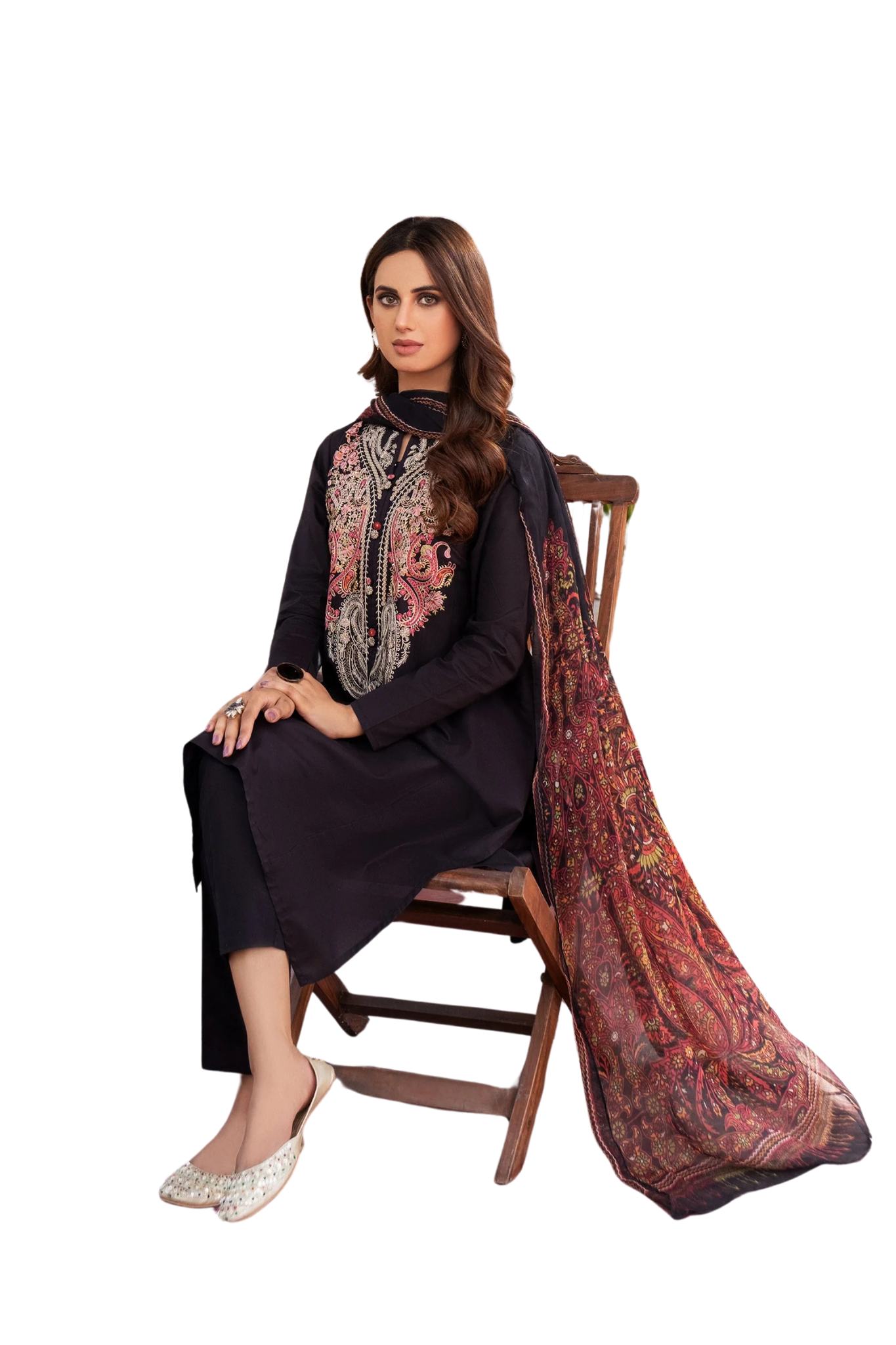 Black Embroidered Suit with Printed Dupatta