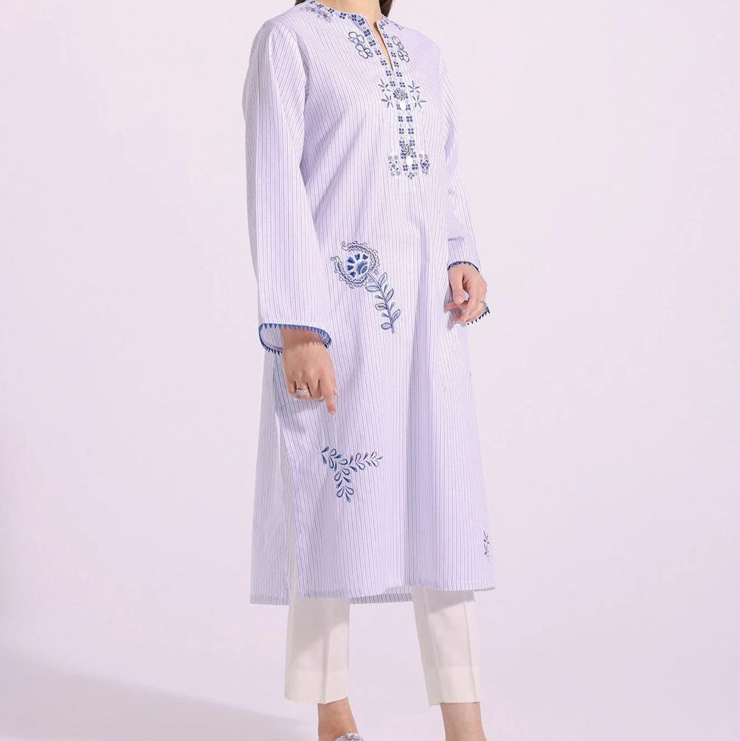 White & Blue Striped Kurta with Embroidered Details