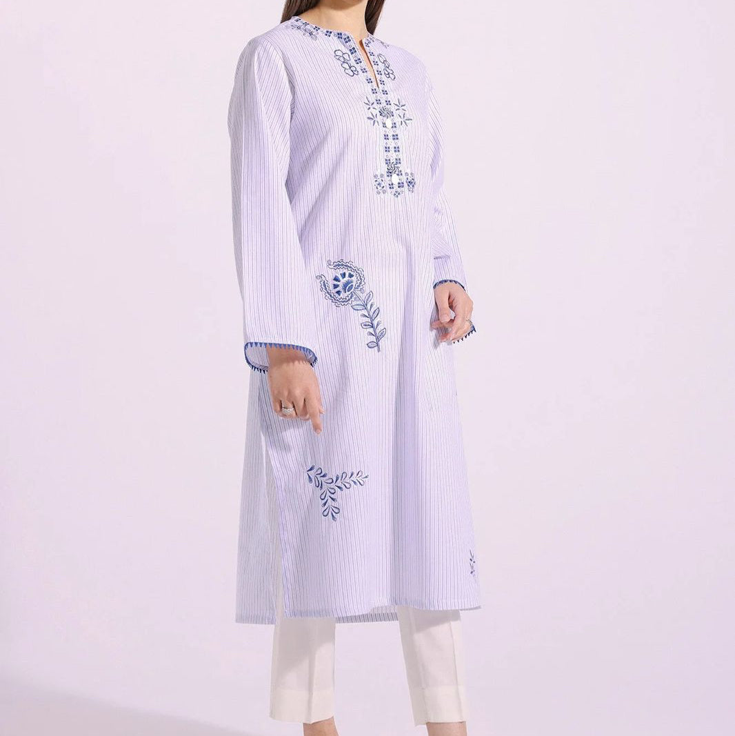 White & Blue Striped Kurta with Embroidered Details