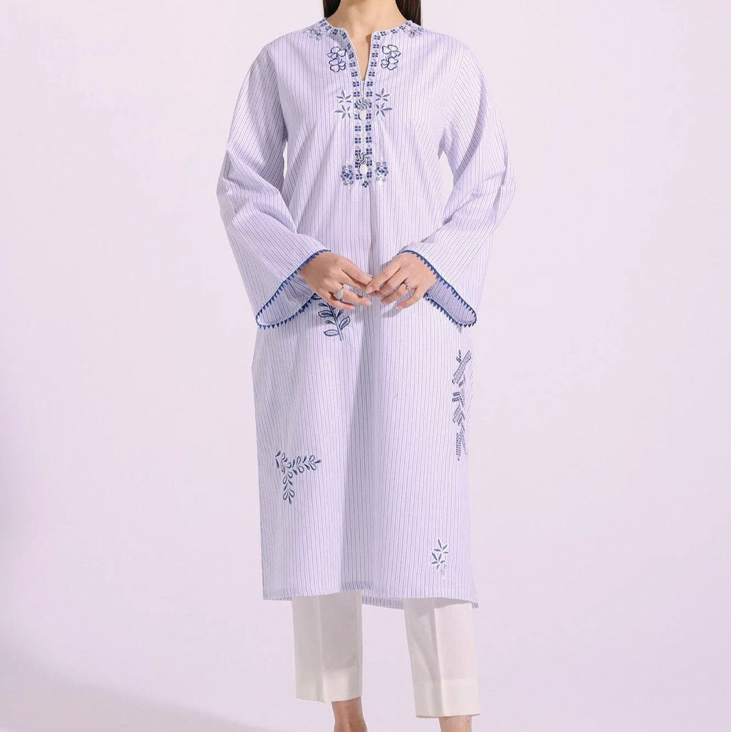 White & Blue Striped Kurta with Embroidered Details