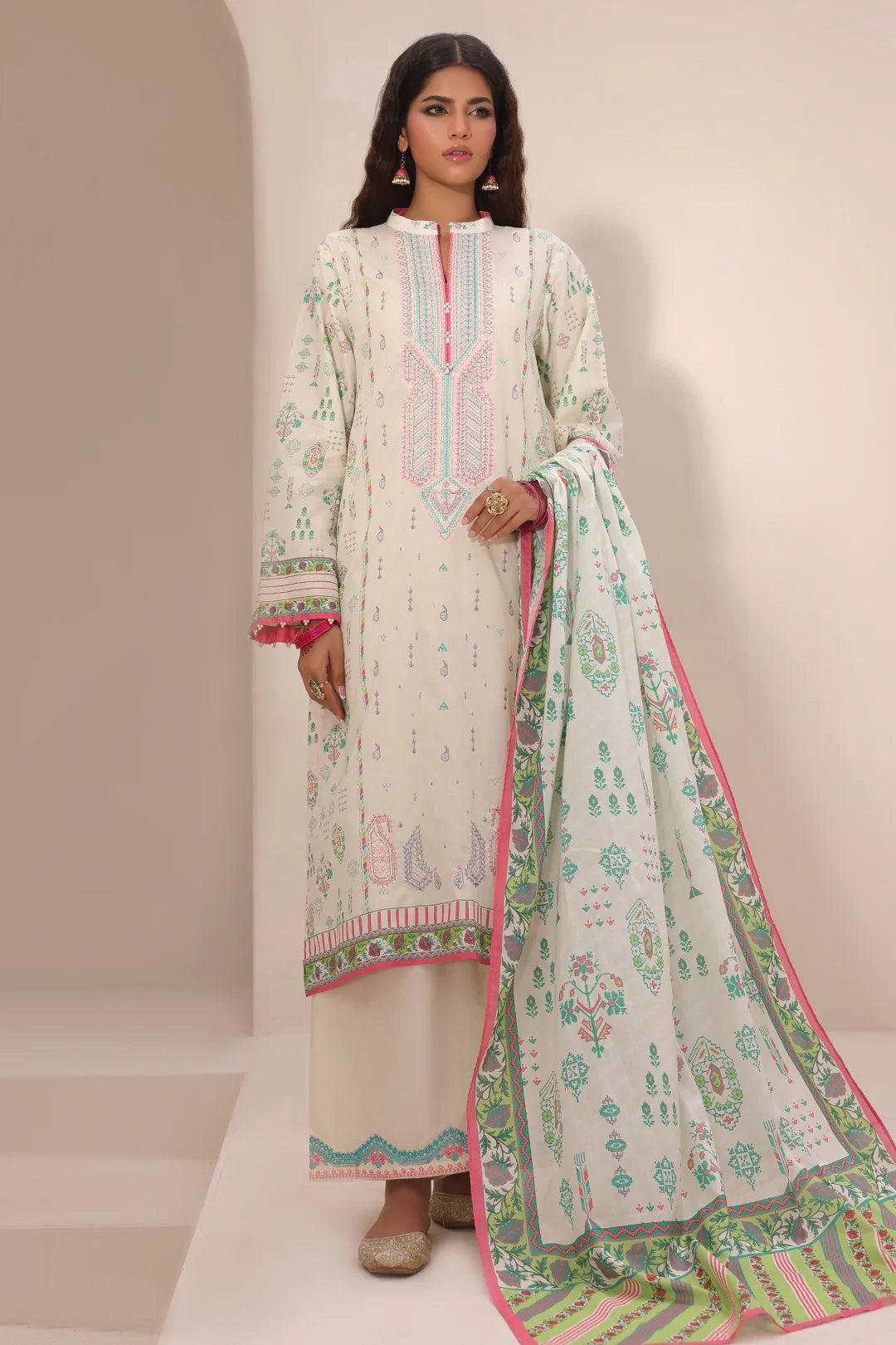 White & Pastel Printed Lawn Suit with Subtle Accents