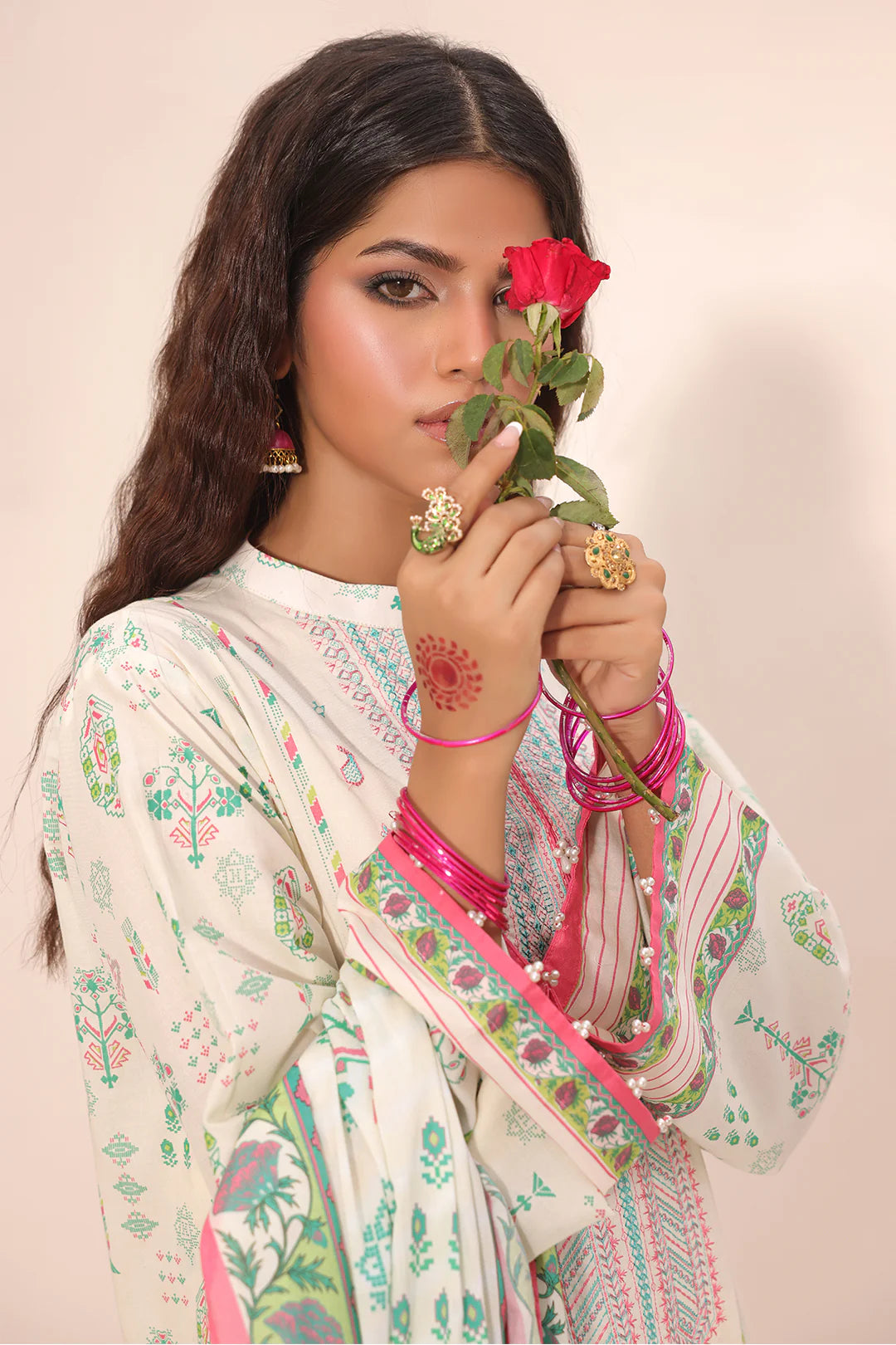 White & Pastel Printed Lawn Suit with Subtle Accents