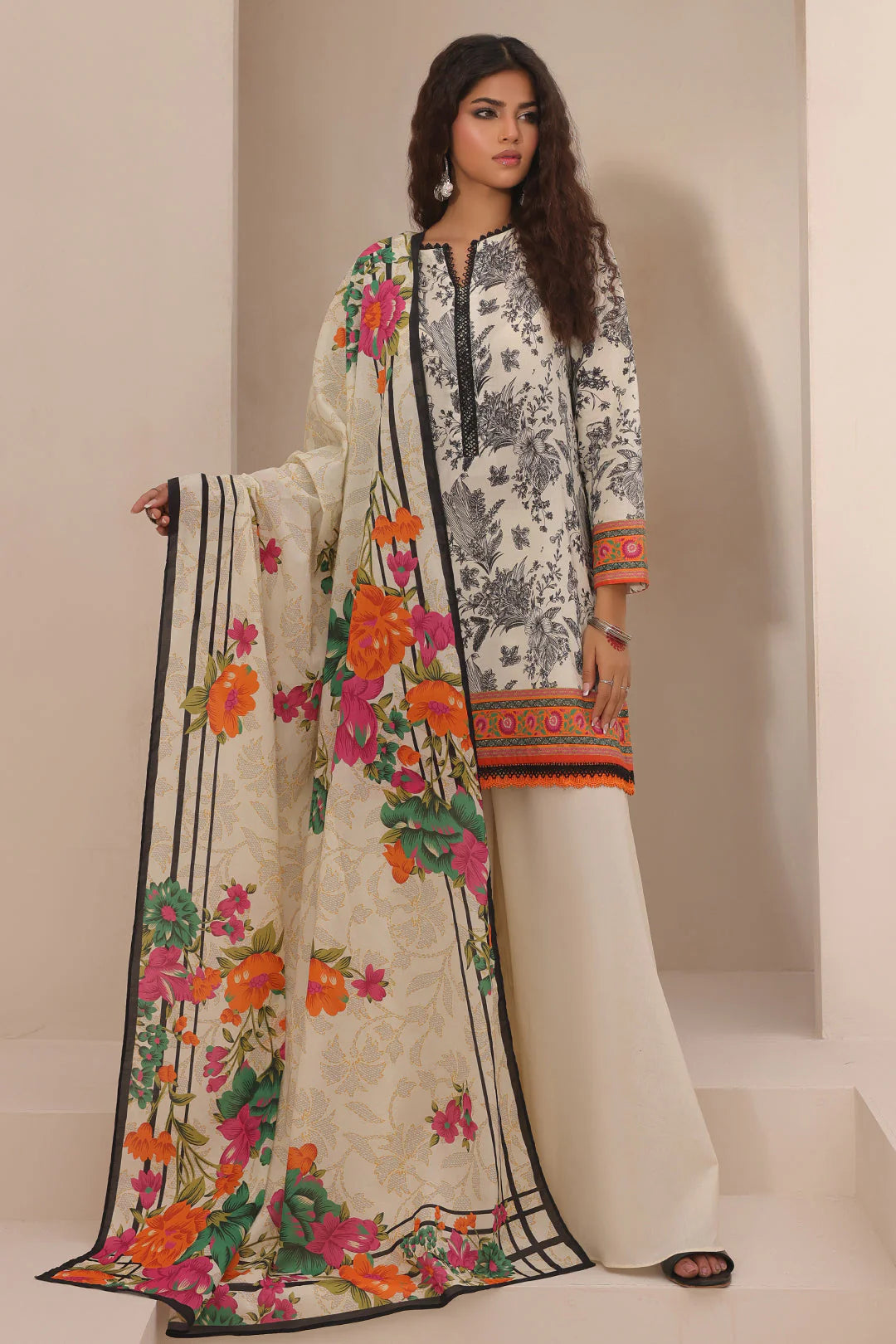 Black & White Printed Lawn Suit with Floral Dupatta