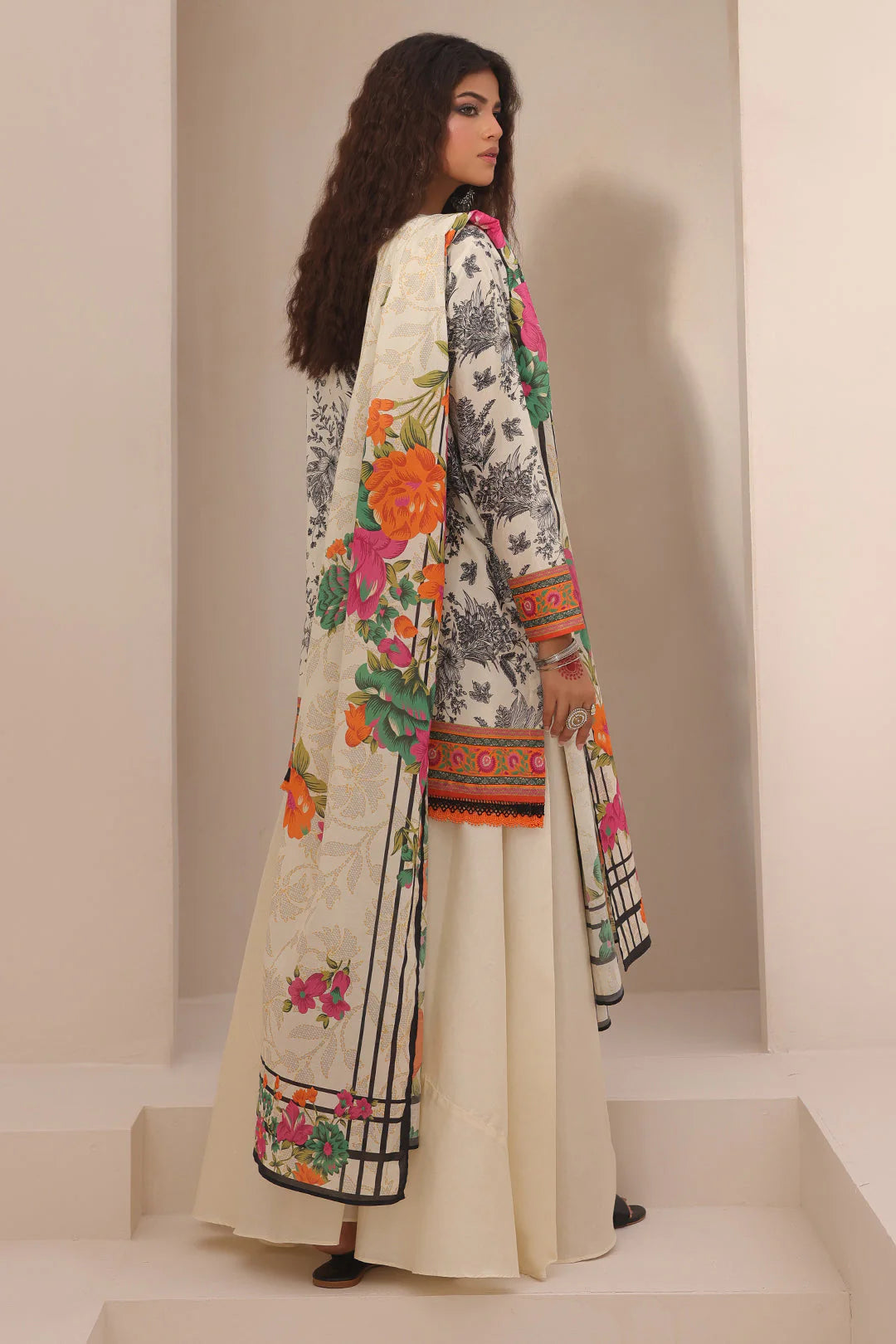 Black & White Printed Lawn Suit with Floral Dupatta